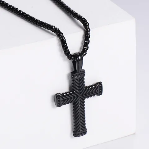 Vintage Cross Pendant Necklace 316L Stainless Steel Herringbone Chevron Pattern Religious Christian Jewelry For Men Women
