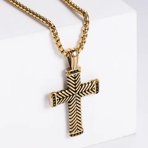 Vintage Cross Pendant Necklace 316L Stainless Steel Herringbone Chevron Pattern Religious Christian Jewelry For Men Women