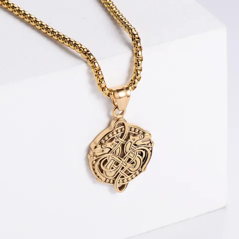 Double Dragon Round Pendant Necklace Viking Celtic Knot 316L Stainless Steel 18K Gold Plated Vintage Punk Jewelry Unisex