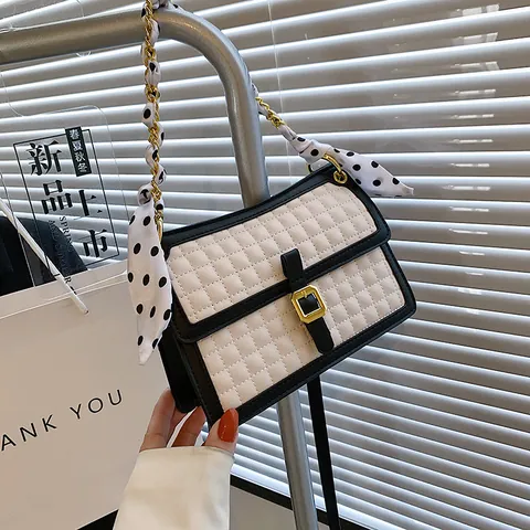 Women Quilted Crossbody Bag Contrast Color PU Leather Shoulder Bag With Polka Dot Satin Scarf Chain Strap Messenger Bag