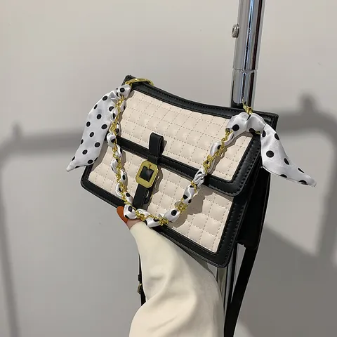 Women Quilted Crossbody Bag Contrast Color PU Leather Shoulder Bag With Polka Dot Satin Scarf Chain Strap Messenger Bag