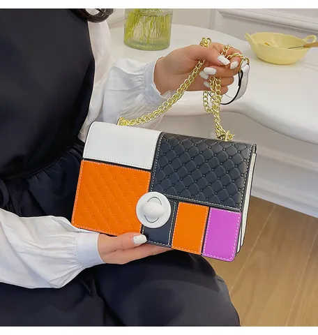 Borsa a Spalla da Donna Fashion Color Block Trapuntata con Catena in Pelle PU Borsa a Tracolla con Chiusura a Girello