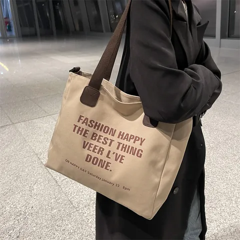 Γυναικεία Casual Τσάντα Tote από Καμβά Μεγάλης Χωρητικότητας Με Εκτύπωση Γραμμάτων Τσάντα Ώμου Με Αποσπώμενο Ιμάντα Κορεάτικη Αστική Τσάντα για Καθημερινή Εργασία
