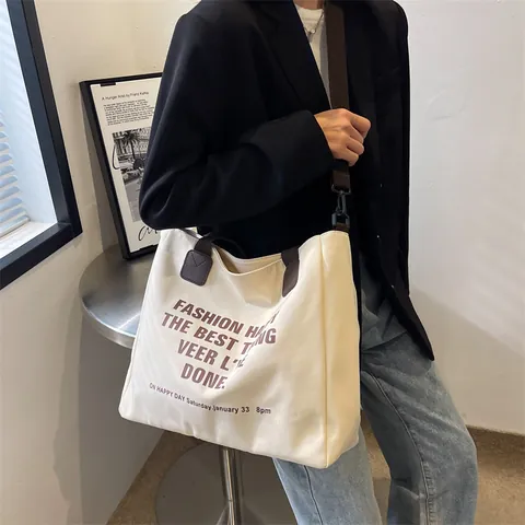 Γυναικεία Casual Τσάντα Tote από Καμβά Μεγάλης Χωρητικότητας Με Εκτύπωση Γραμμάτων Τσάντα Ώμου Με Αποσπώμενο Ιμάντα Κορεάτικη Αστική Τσάντα για Καθημερινή Εργασία
