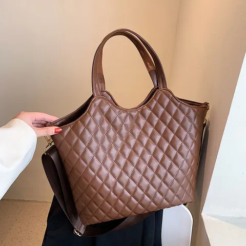 Sac Fourre-tout en Cuir PU Matelassé Style Français Grande Capacité Motif Losange Sac à Main Pour Femmes