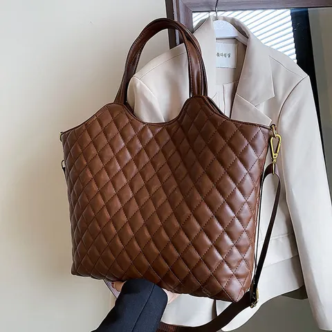 Sac Fourre-tout en Cuir PU Matelassé Style Français Grande Capacité Motif Losange Sac à Main Pour Femmes