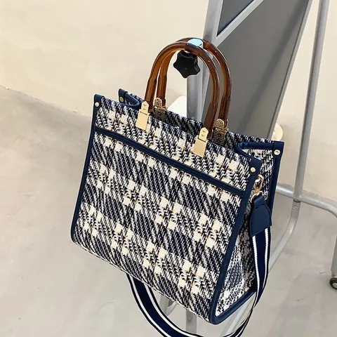 Vintage Tweed Plaid Tote Bag For Women With Resin Handle Striped Wide Shoulder Strap Large Capacity Handbag Shoulder Bag