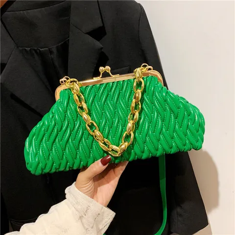 Damen Plissierte PU Leder Wolken Tasche Mit Grober Goldkette Vintage Matelassé Umhängetasche Kiss Lock Schultertasche