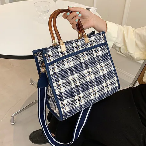 Vintage Tweed Plaid Tote Bag For Women With Resin Handle Striped Wide Shoulder Strap Large Capacity Handbag Shoulder Bag