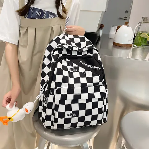 Zaino alla Moda a Scacchi Grande Capacità Cartella Scolastica per Donne Studenti Nylon Impermeabile Zainetto da Viaggio Con Ciondolo a Papera