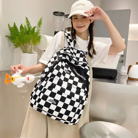 Zaino alla Moda a Scacchi Grande Capacità Cartella Scolastica per Donne Studenti Nylon Impermeabile Zainetto da Viaggio Con Ciondolo a Papera