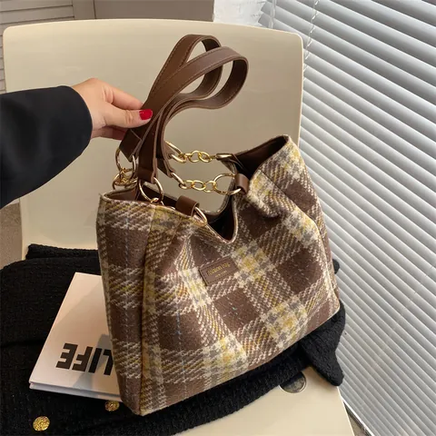 Große Damen Tragetasche Mit Karomuster Aus Wolle Vintage Tweed Handtasche Lederriemen Für Pendeln Herbst Winter Mode