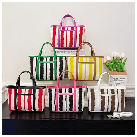 Borsa Tote a Righe di Grande Capacità per Donna Estate Casual in Tela PU Con Tracolla Regolabile Borsa a Tracolla