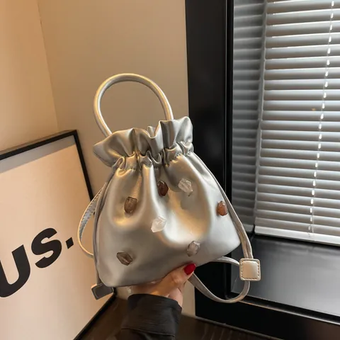 Mode Damen PU Leder Eimertasche Strass Dekorative Steine Kordelzug Handtasche Schultertasche Umhängetasche Schmuck Akzent Tasche