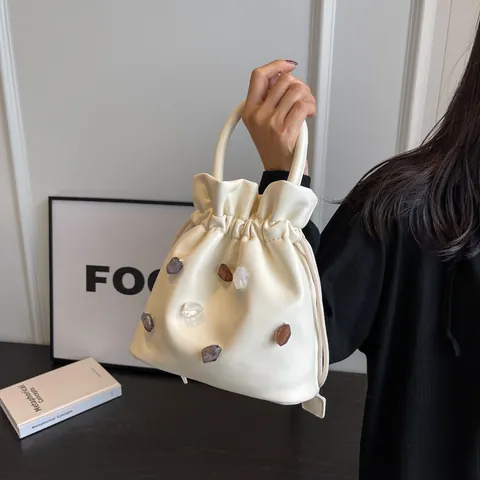 Mode Damen PU Leder Eimertasche Strass Dekorative Steine Kordelzug Handtasche Schultertasche Umhängetasche Schmuck Akzent Tasche