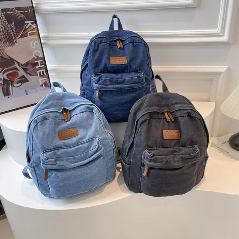 Women Casual Denim Backpack Fashion Solid Color School Bag For College Students Large Capacity Streetwear Daypack
