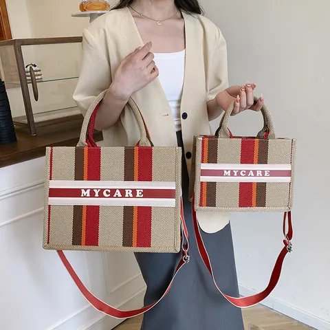 Borsa Tote in Tela a Righe alla Moda da Donna Borsa a Mano di Grande Capacità con Tracolla Regolabile Borsa a Tracolla da Viaggio Quotidiana Stile Retro Semplice Stampa di Lettere