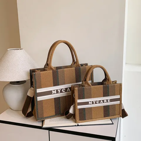 Borsa Tote in Tela a Righe alla Moda da Donna Borsa a Mano di Grande Capacità con Tracolla Regolabile Borsa a Tracolla da Viaggio Quotidiana Stile Retro Semplice Stampa di Lettere