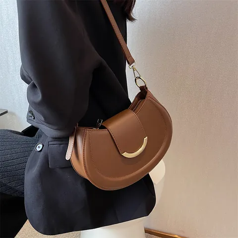 Damen Minimalistisches Französisches Design PU Leder Halbmond Tasche Metallschnalle Achsel Schulter Umhängetasche Satteltasche Mode Handtasche