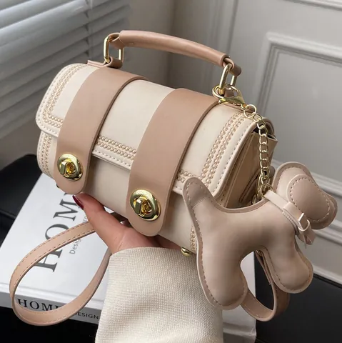 Borsa a Tracolla a Cilindro in Pelle PU Donna Moda Doppio Girello Ciondolo a Cane Elegante Borsa a Mano a Contrasto