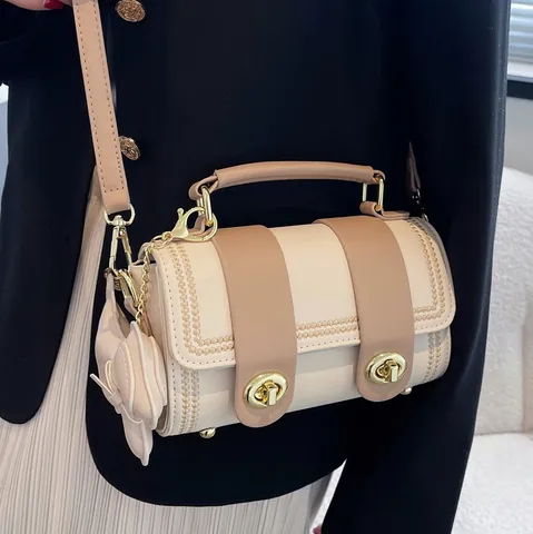 Borsa a Tracolla a Cilindro in Pelle PU Donna Moda Doppio Girello Ciondolo a Cane Elegante Borsa a Mano a Contrasto