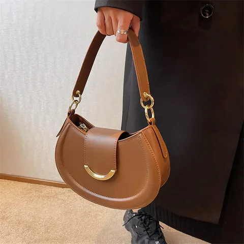 Borsa a Spalla da Donna Vintage in Pelle PU Mezzaluna Tinta Unita Borsa Sottobraccio Con Chiusura Dorata Borsa a Tracolla Semplice Per Pendolarismo Quotidiano