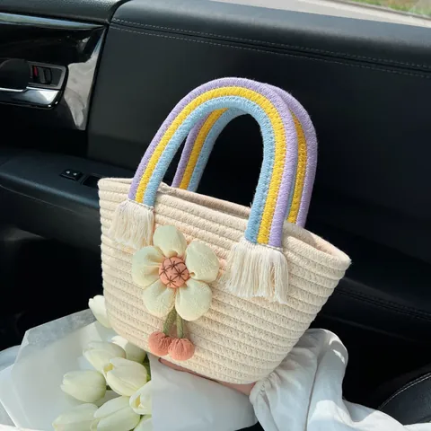 Borsa a Mano in Paglia Intrecciata a Mano per Donna Manico Arcobaleno Con Ciondolo a Fiore in Tessuto E Nappine Borsa Pastorale Estiva da Spiaggia
