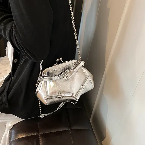 Borsa a Tracolla Vintage con Fiocco in PU Metallizzato per Donna Mini Borsa Sottospalla con Chiusura a Scatto Piccola Pochette da Sera