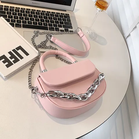 Borsa a Tracolla Saddle in Pelle PU Vintage per Donna Decorazione a Catena alla Moda Borsa a Spalla a Semicerchio