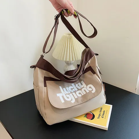 Borsa a Tracolla in Tela di Grande Capacità per Donna Retro Stampa di Lettere Borsa Tote Tracolla Regolabile Casual Scuola Messenger Bag
