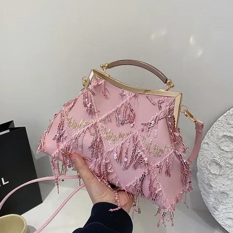 Borsa da Sera Vintage con Paillettes e Nappe per Donna Elegante Borsa a Mano di Lusso per Feste Formali e Matrimoni con Tracolla Rimovibile