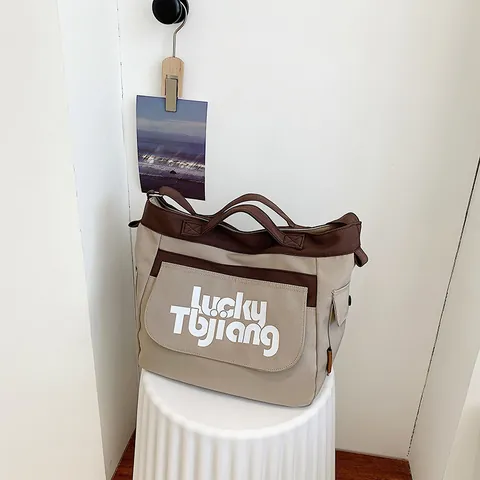 Borsa a Tracolla in Tela di Grande Capacità per Donna Retro Stampa di Lettere Borsa Tote Tracolla Regolabile Casual Scuola Messenger Bag