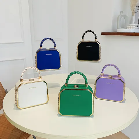 Fashion Geometric Hexagonal Hard Shell Box Bag PU Leather Metal Frame Women Handbag With Twisted Handle And Chain Strap