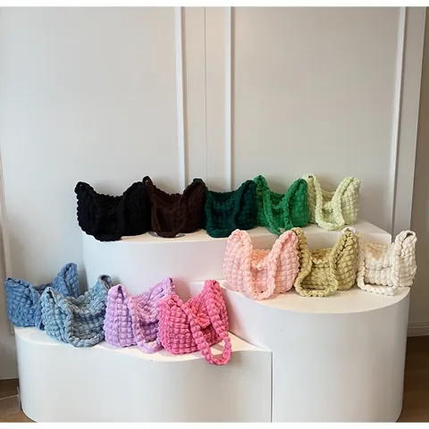 Borsa a Tracolla Donna Texture Popcorn Moda Piegghettata Tessuto Bubble Borsa Tote Semplice Versatile Borsa Sottoascellare Quotidiana
