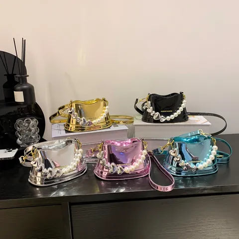 Mode PU Laser Bonbonfarbe Eimertasche Für Damen Mit Künstliche Perle Herz Griff Umhängetasche Handtasche Für Den Alltag