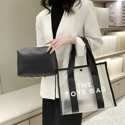 Women's Semi-Transparent PVC Tote Bag Large Capacity Letter Print Handbag With Matching Pouch Fashion Shoulder Bag
