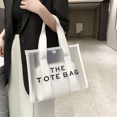Women's Semi-Transparent PVC Tote Bag Large Capacity Letter Print Handbag With Matching Pouch Fashion Shoulder Bag