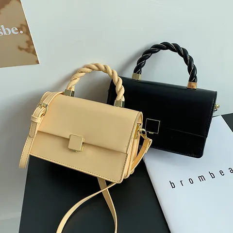 Women Vintage PU Leather Small Square Crossbody Bag With Woven Handle Metal Buckle Scarf Decor Elegant Shoulder Handbag