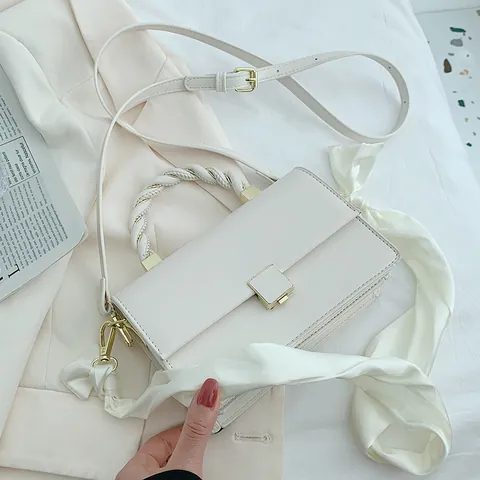 Women Vintage PU Leather Small Square Crossbody Bag With Woven Handle Metal Buckle Scarf Decor Elegant Shoulder Handbag