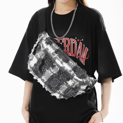 Large Capacity Canvas Checkerboard Chest Bag Women Distressed Frayed Edge Waist Bag Streetwear Casual Crossbody Bag