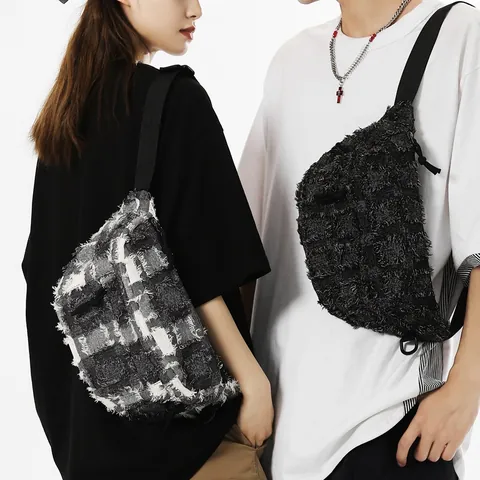 Large Capacity Canvas Checkerboard Chest Bag Women Distressed Frayed Edge Waist Bag Streetwear Casual Crossbody Bag