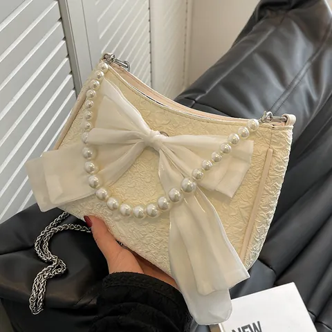 Borsa Sottobraccio Donna Vintage Francese Con Fiocco Decorazione di Künstliche Perle Tracolla a Catena in Metallo Tessuto Jacquard Elegante Festa