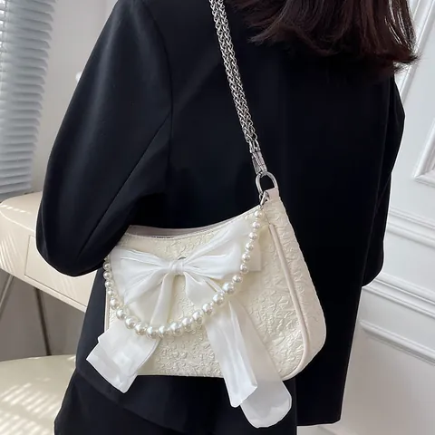 Borsa Sottobraccio Donna Vintage Francese Con Fiocco Decorazione di Künstliche Perle Tracolla a Catena in Metallo Tessuto Jacquard Elegante Festa
