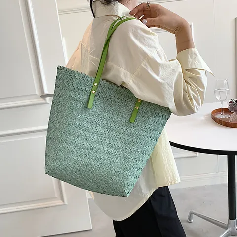 Bolso Tote de Paja Tejida de Color Sólido Simple para Mujer Bolso de Hombro de Playa de Gran Capacidad con Correas de Remaches