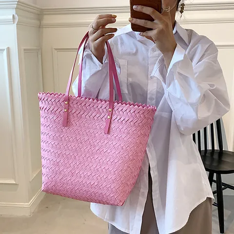 Bolso Tote de Paja Tejida de Color Sólido Simple para Mujer Bolso de Hombro de Playa de Gran Capacidad con Correas de Remaches