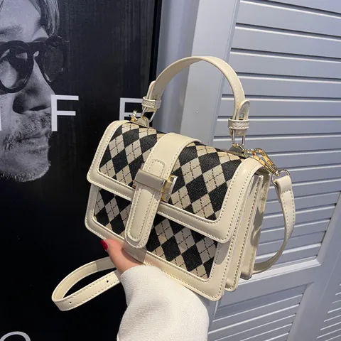 Borsa a Tracolla Vintage da Donna Pied de Poule Argyle Pelle PU Piccola Borsa a Mano Quadrata Con Chiusura in Metallo