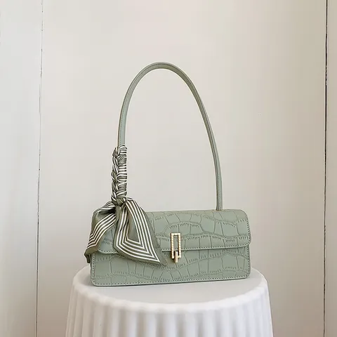 Borsa Sottobraccio da Donna in Pelle PU con Motivo a Coccodrillo Retrò con Sciarpa di Raso Fibbia in Oro Borsa a Tracolla