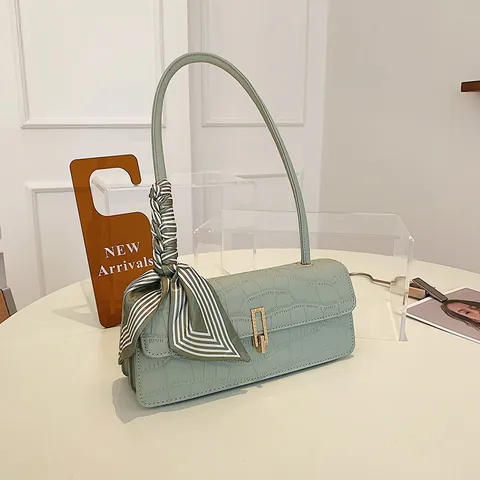 Borsa Sottobraccio da Donna in Pelle PU con Motivo a Coccodrillo Retrò con Sciarpa di Raso Fibbia in Oro Borsa a Tracolla