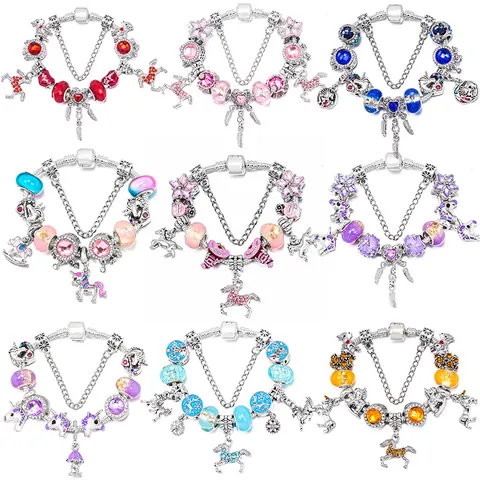 Women Romantic DIY Beaded Charm Bracelet Alloy Silver Plated Snake Chain With Unicorn Horse Heart Pendant Fashion Jewelry Gift