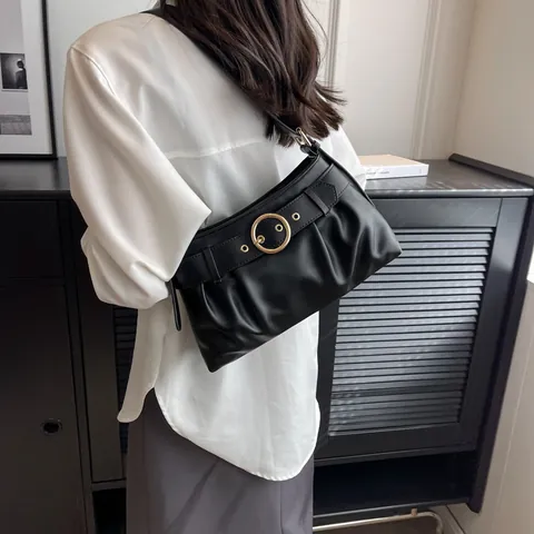 Borsa Sottobraccio Increspata da Donna in Similpelle Pieghettata con Fibbia Circolare Dorata Borsa a Mano Hobo alla Moda